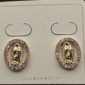 Gold-Tone Miraculous Virgin Medal Halo Stud Earrings